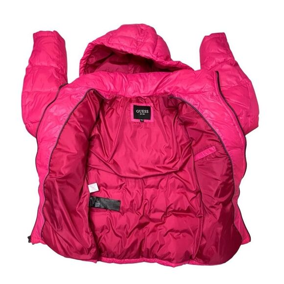 Guess 119RN716 Mens Midweight Hooded Puffer Coat Pink SMALL Winter Zipper Pocket - Picture 6 of 12